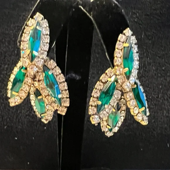 ***HOLD*** Elizabeth Cole Bacall Faux Emerald and Diamond Pierced Earrings - Picture 1 of 5